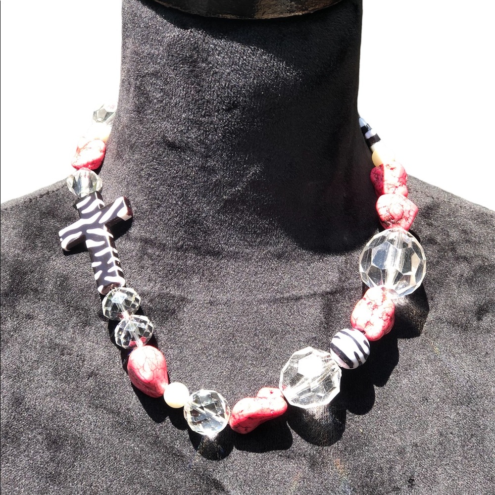 Zebra Religious Cross Bling Statement Collar Necklace - Picture 3 of 9